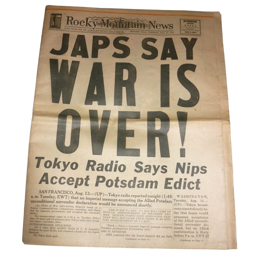 WWII Newspaper Rocky Mountain News Aug 14 1945 End War V-J Day Japan Surrender